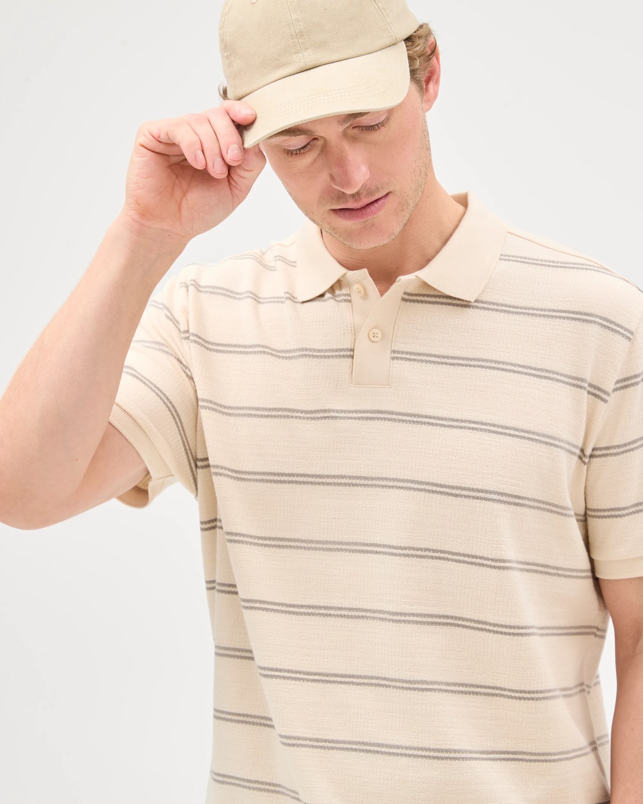 Australian Cotton Striped Polo Top - Beige 6 of 6