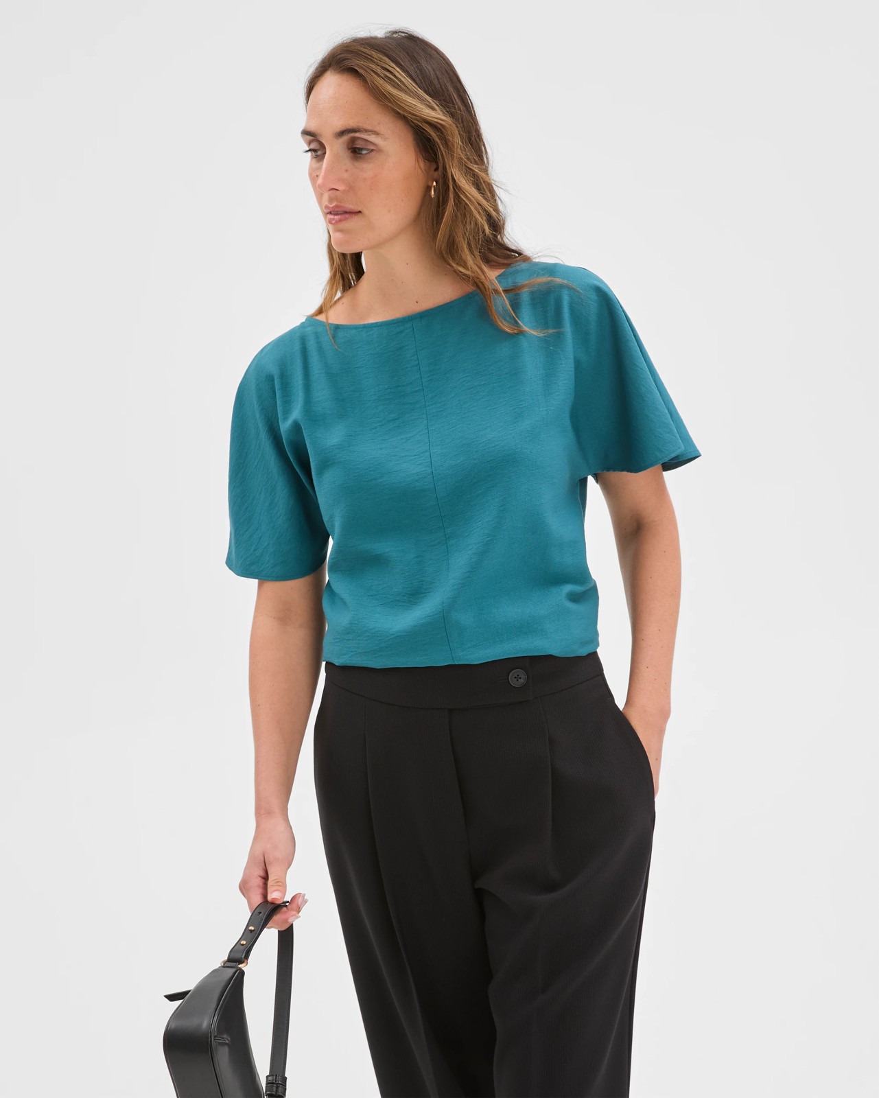 Preview Short Flutter Sleeve Textured Blouse - Peacock 3 of 5