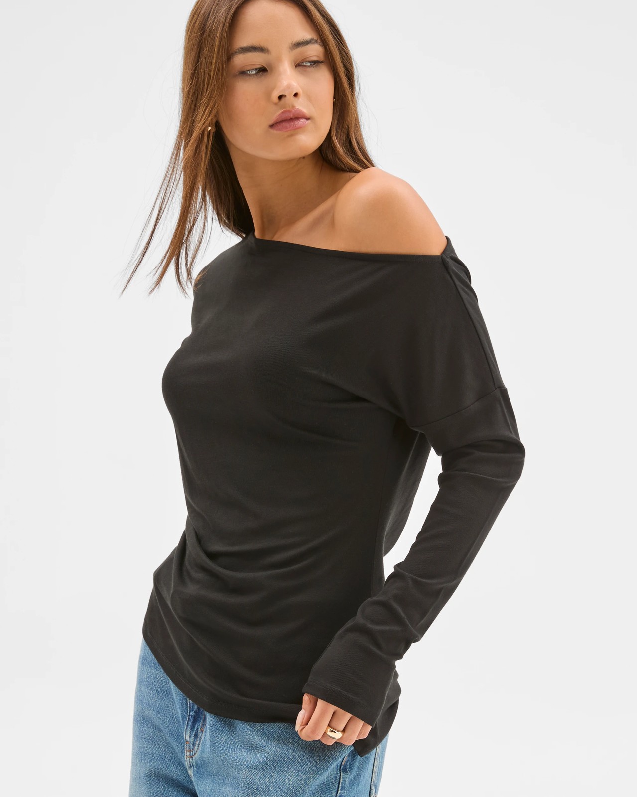 Lily Loves Asymmetrical Boat Neck Skivvy Top - Black 3 of 5