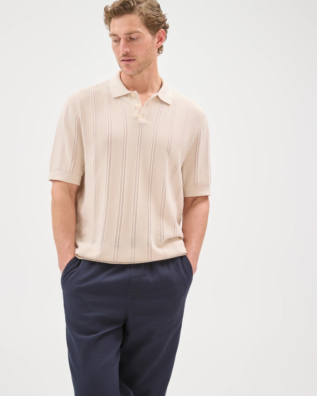 Australian Cotton Elastic Waistband Relaxed Textured Pants - Navy 3 of 5