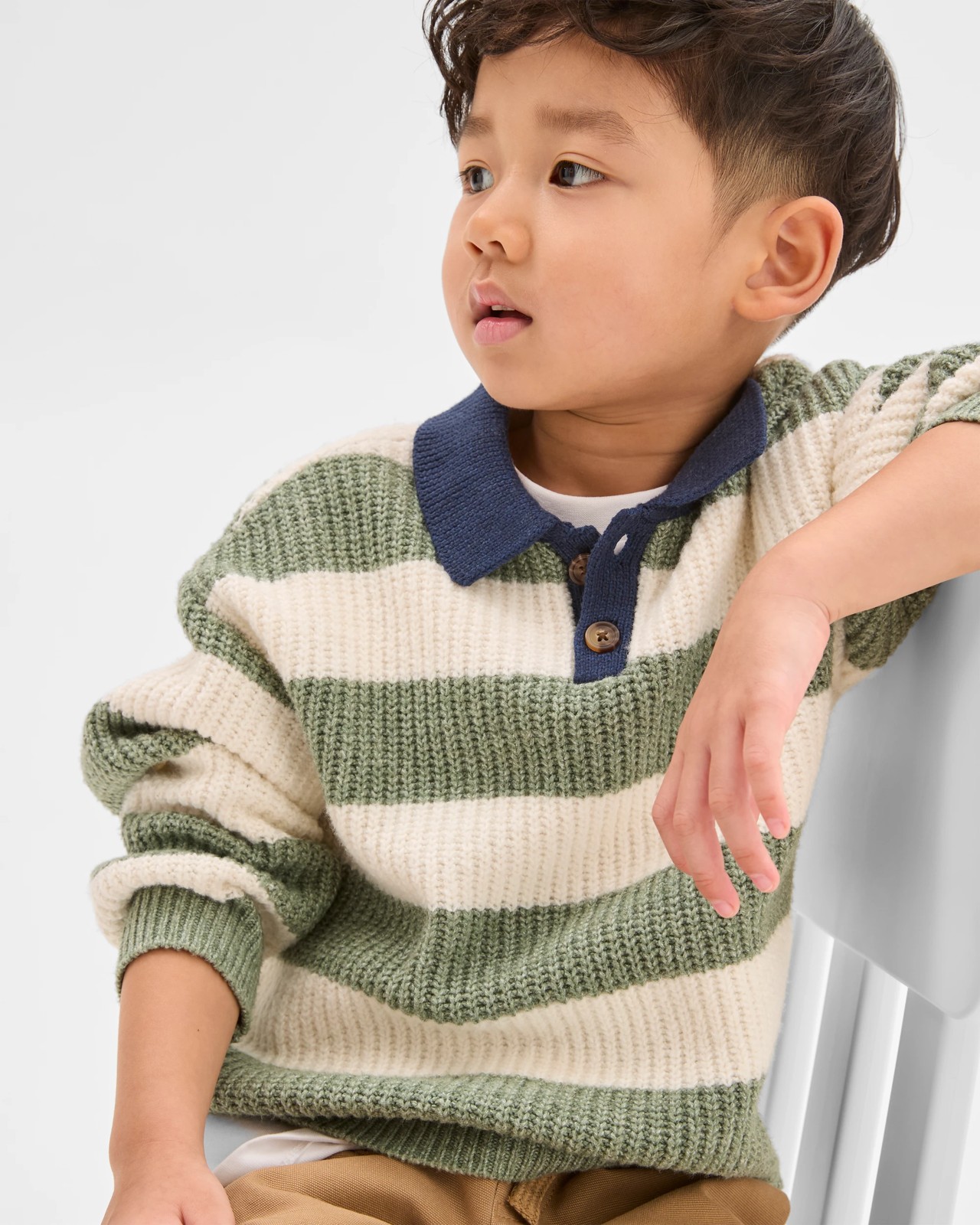Long Sleeve Striped Knit Polo Top - Green 4 of 5
