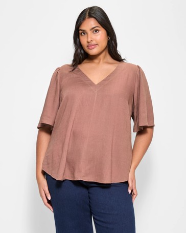 Plus Size Linen Blend V-Neck Top