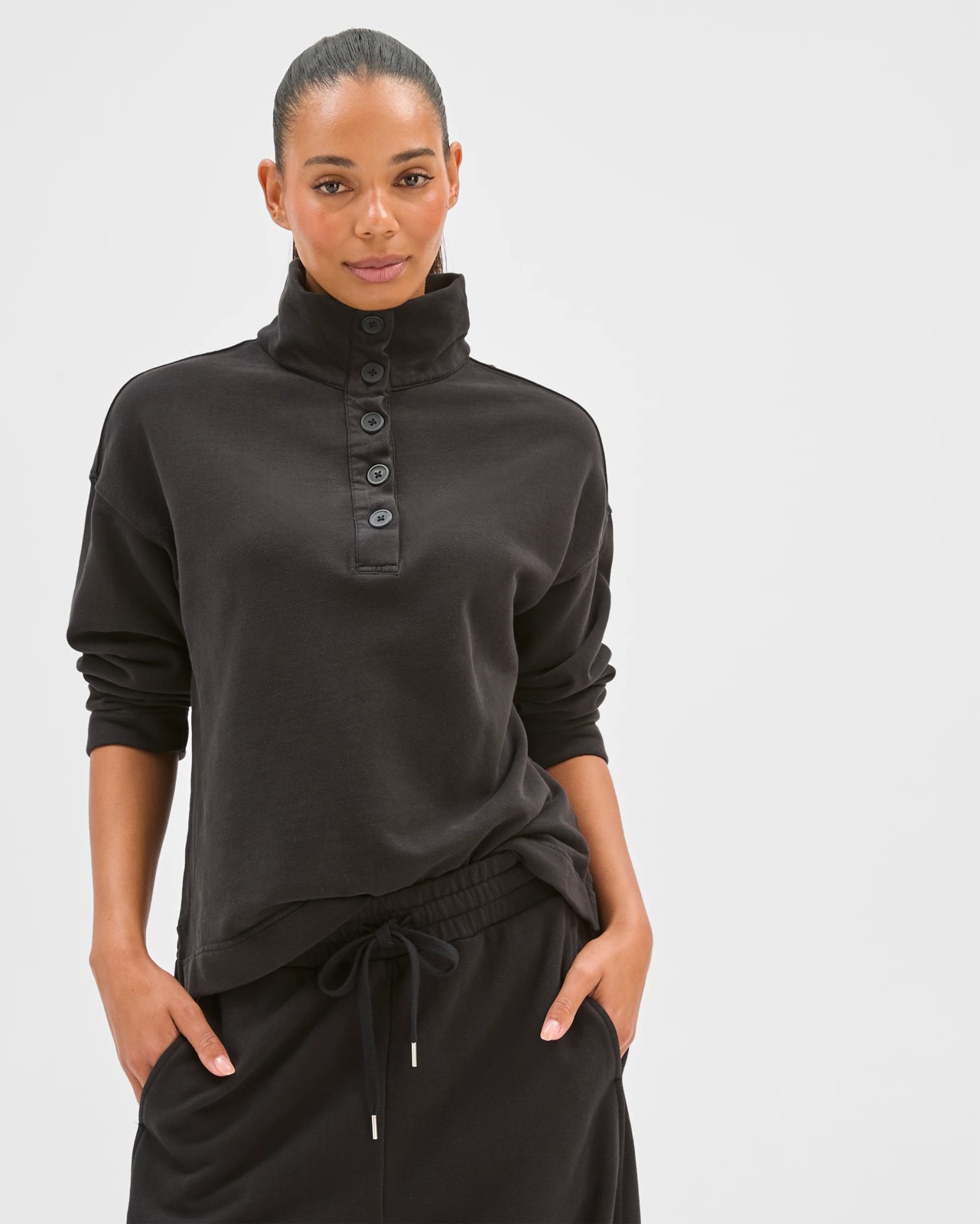 Australian Cotton Funnel Neck Button Front Jumper - Washed Black 5 of 5