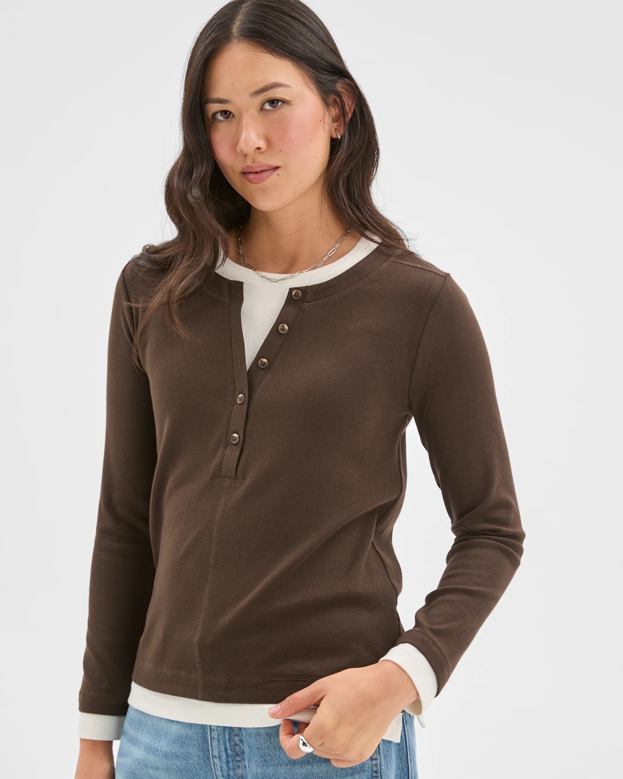 Soft Touch Henley Double Layer T-Shirt - Coffee Bean/Pearl 4 of 5