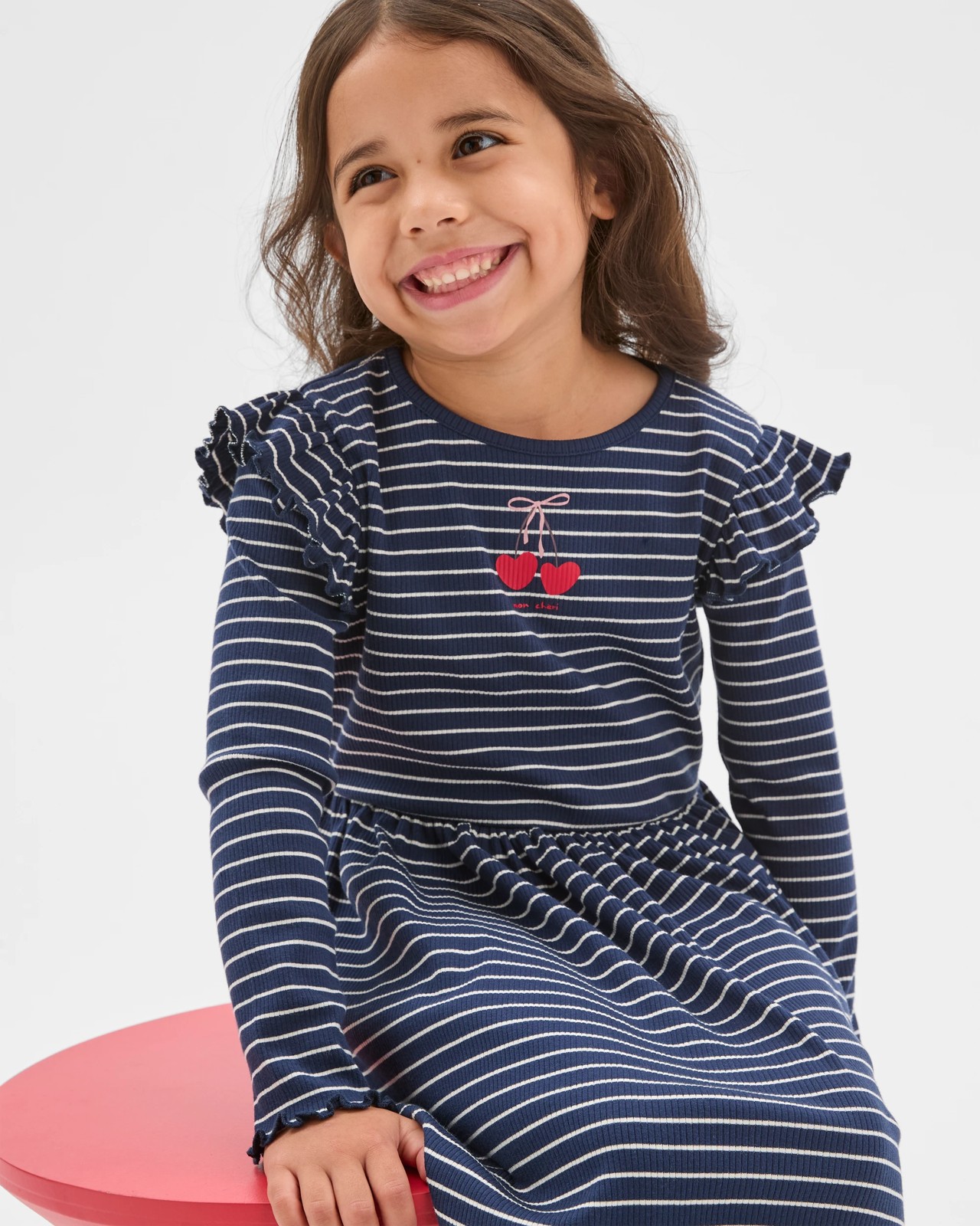 Australian Cotton Long Flutter Sleeve Core Dress -  Navy + White 2 of 6
