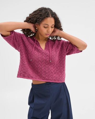 Australian Cotton Crochet Tie Neck Top