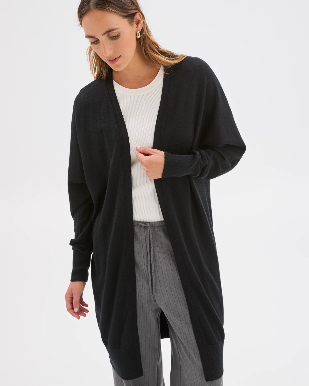Australian Merino Wool Long Sleeve Longline Cardigan - Black 2 of 6