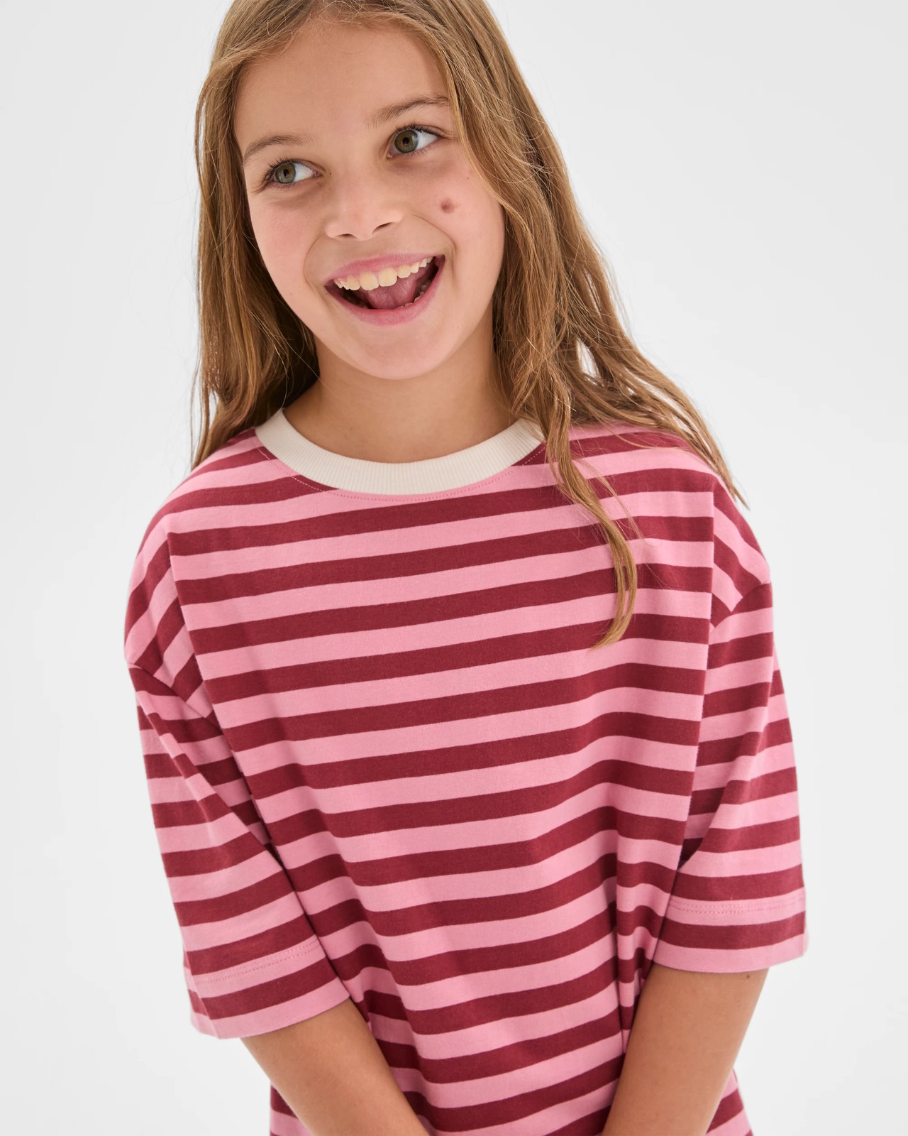 Australian Cotton Oversized T-Shirt - Pink Burgundy Stripe 2 of 6