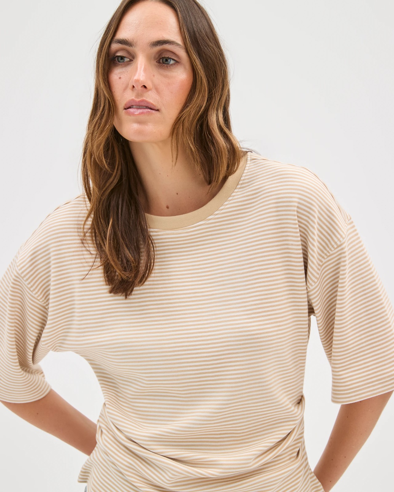Australian Cotton Gathered Waist T-Shirt - Macchiato Pearl Stripe 3 of 5