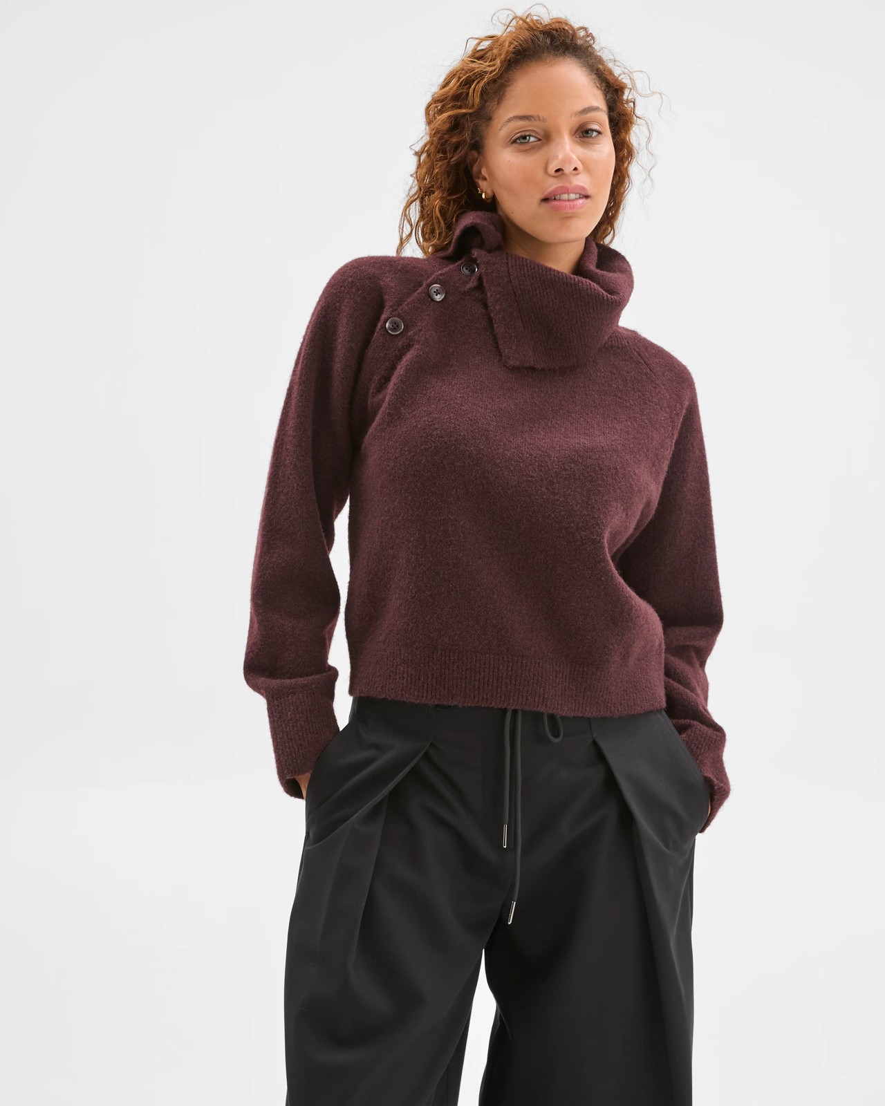 Preview Long Sleeve Asymmetric Fold Over Collar Sweater - Dark Chcocolate 4 of 6