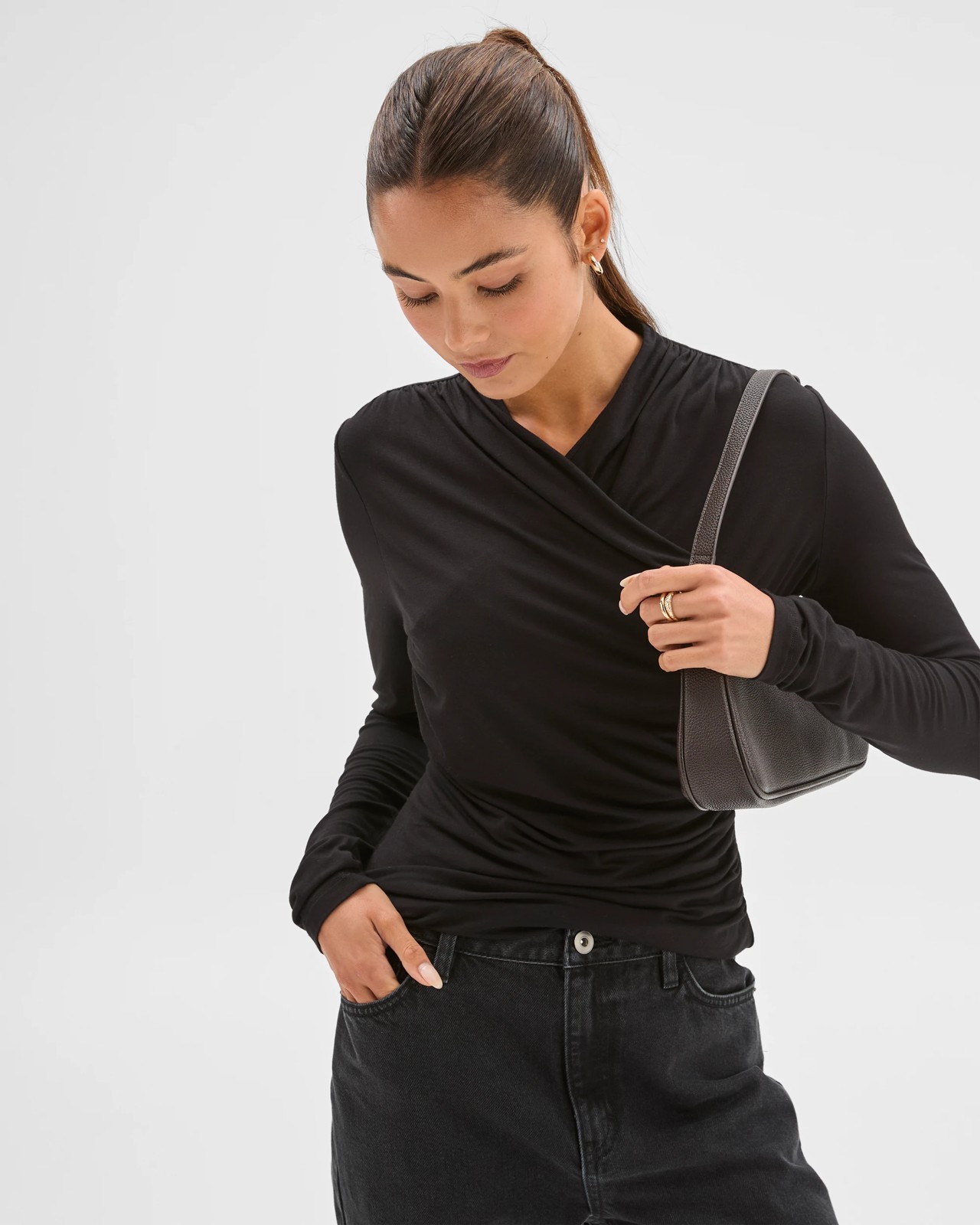 Lily Loves Long Sleeve Crossover Drape Top - Black 3 of 6