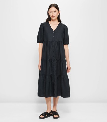 European Linen Tiered Midi Dress