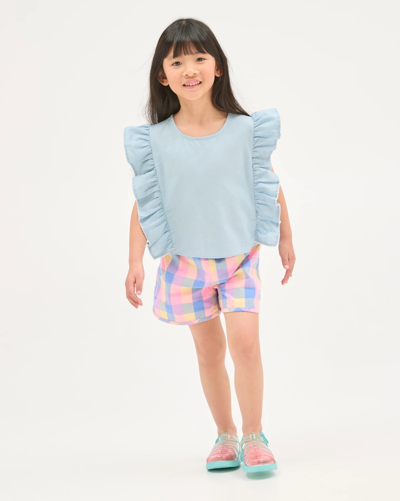 Australian Cotton Blend Ruffle Sleeve Woven Co-ord Tank Top - Blue 3 of 6