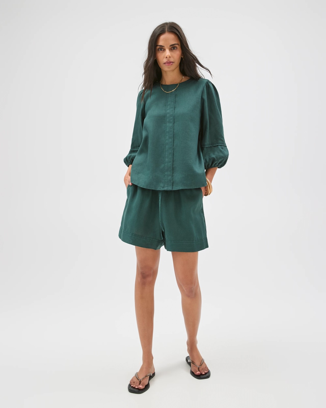 European Linen 3/4 Sleeve Femme Popover Blouse - Deep Forest 2 of 6