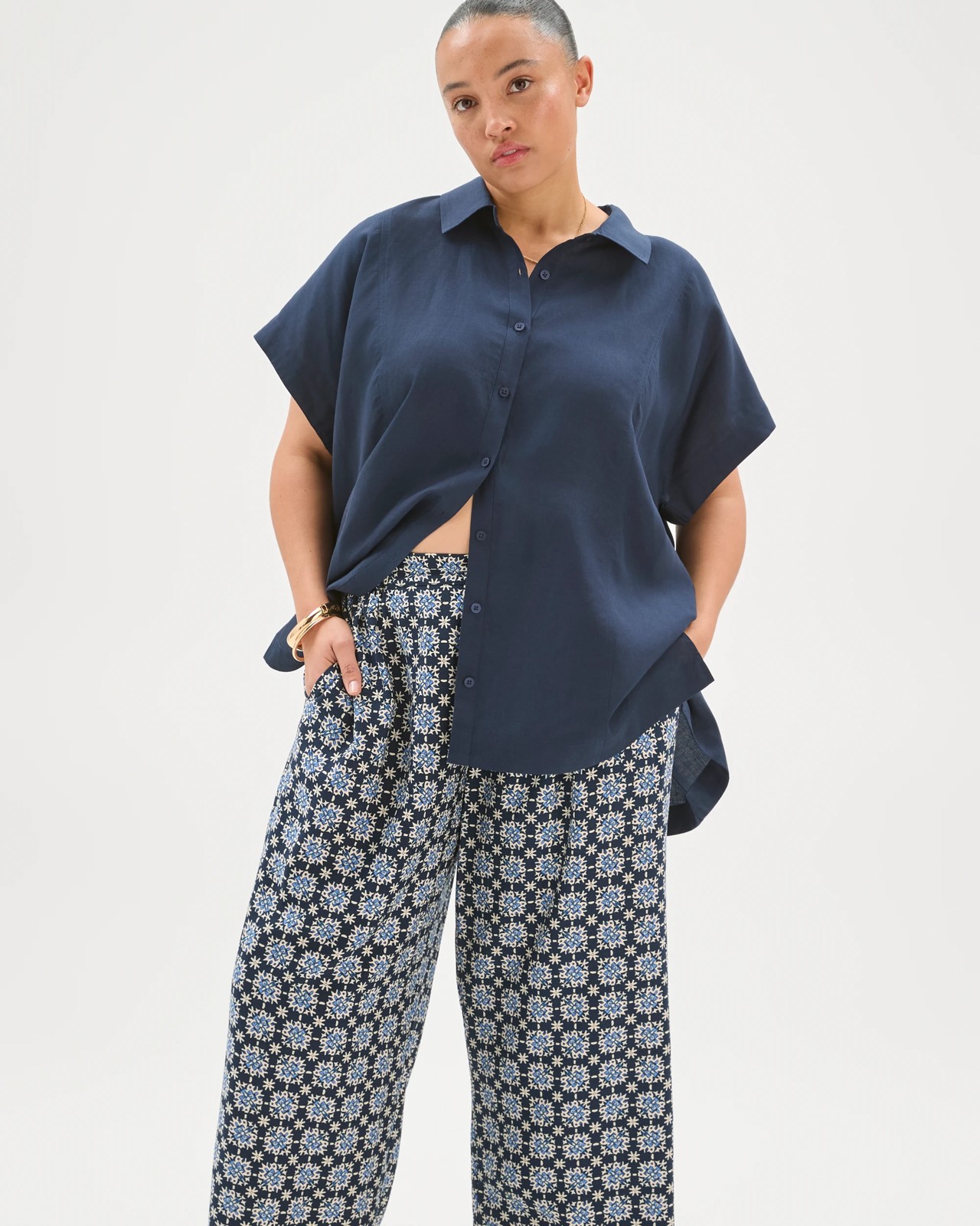 Plus Size Tie Front Pants - Navy Abstract 2 of 5