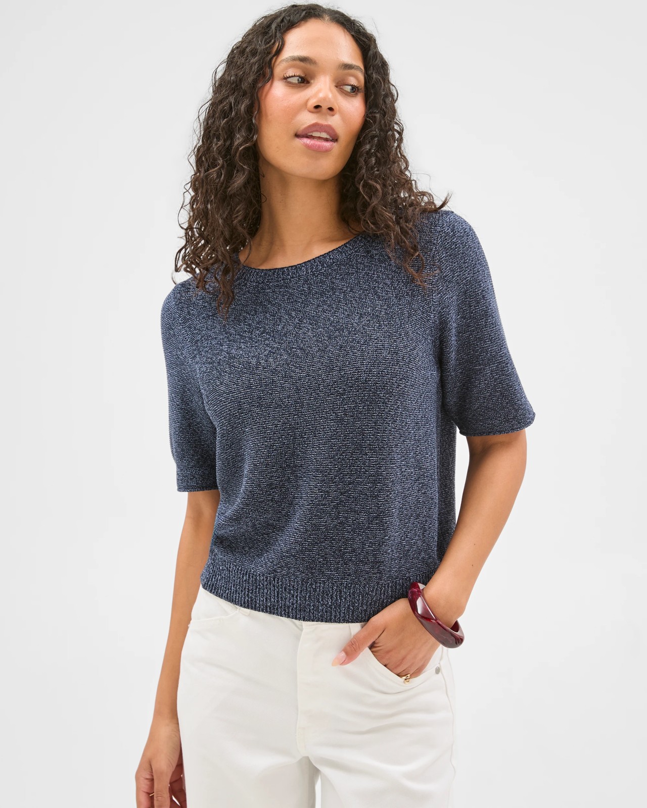 Australian Cotton Blend Relaxed Fit Ottoman Stitch Knitted T-Shirt - Ink Navy 2 of 6