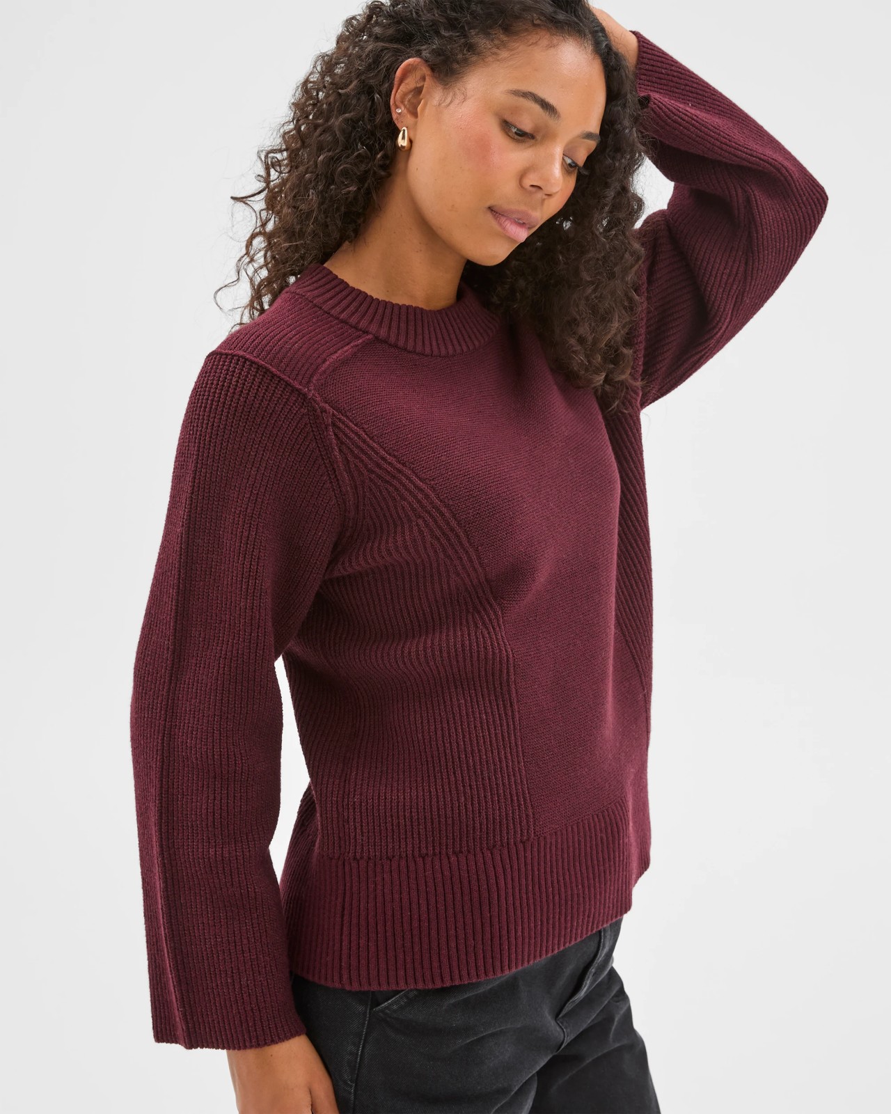 Australian Cotton Blend Knit Stitch Crew Neck Jumper - Bordeaux Burgundy 5 of 5