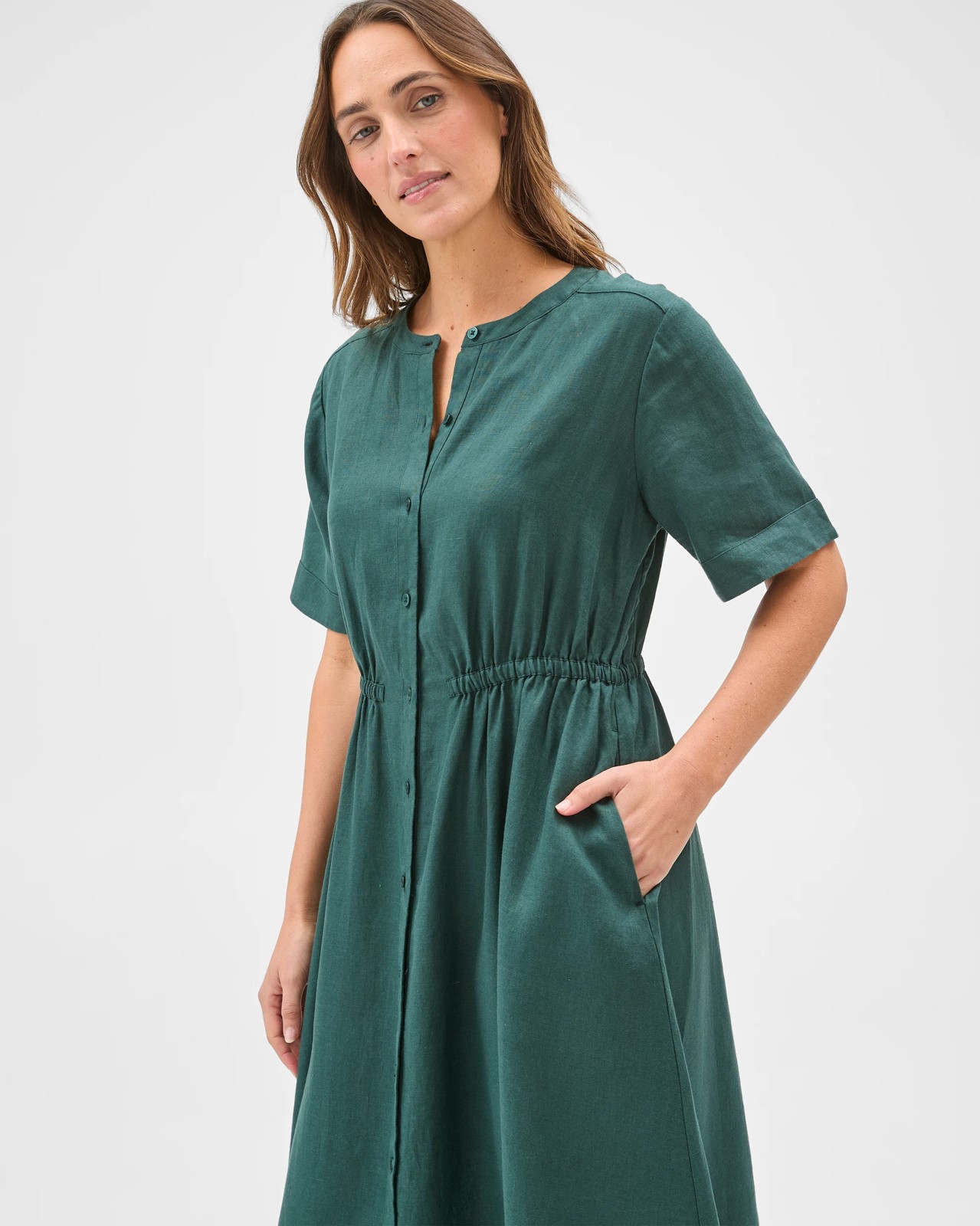 European Linen Short Sleeve Midi Femme Dress - Deep Forest 2 of 5