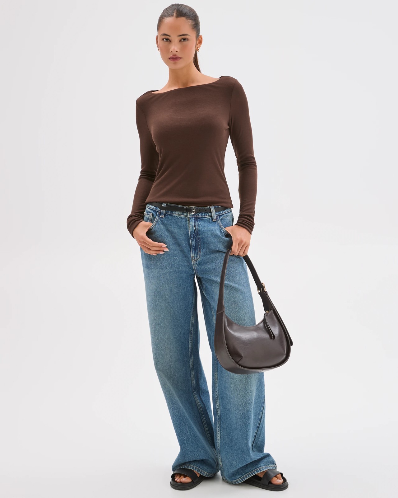 Lily Loves Double Layer Boat Neck Long Sleeve Top - Brown 3 of 5