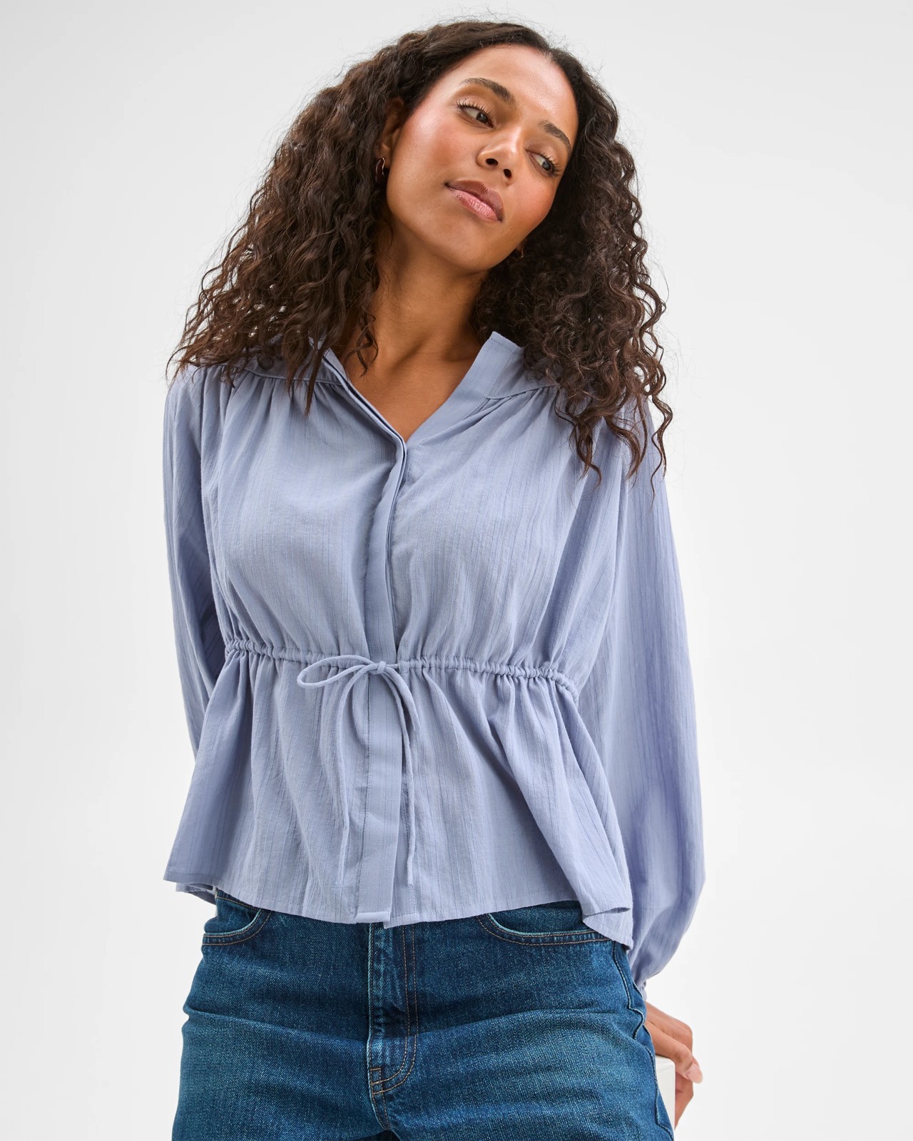 Short Sleeve Tie Waist Blouse - Bluebell 3 of 6