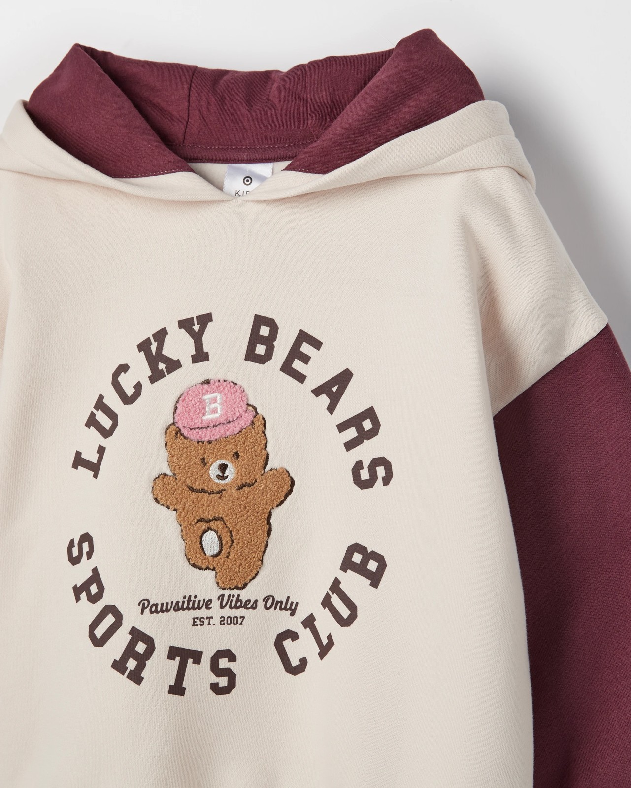 Australian Cotton Blend Fashion Hoodie - Lucky Bear Burgundy/Cream 2 of 2