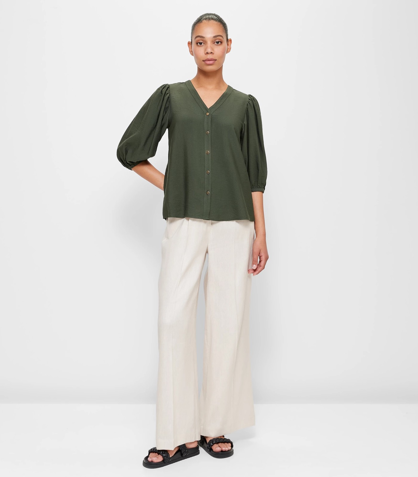 Balloon Sleeve Button Through Blouse - Preview - Olive Green | Target ...