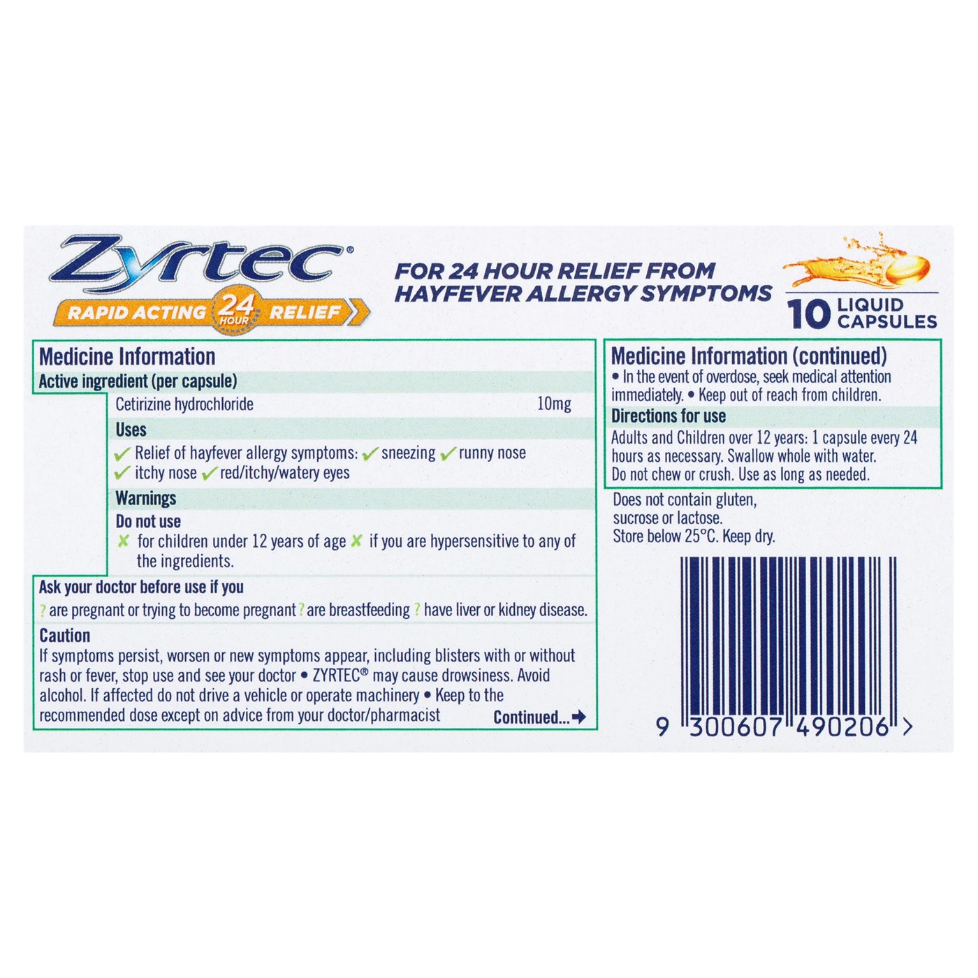 10 Pack Zyrtec Rapid Acting Hayfever Allergy Relief Antihistamine Liquid Capsules 3 of 6