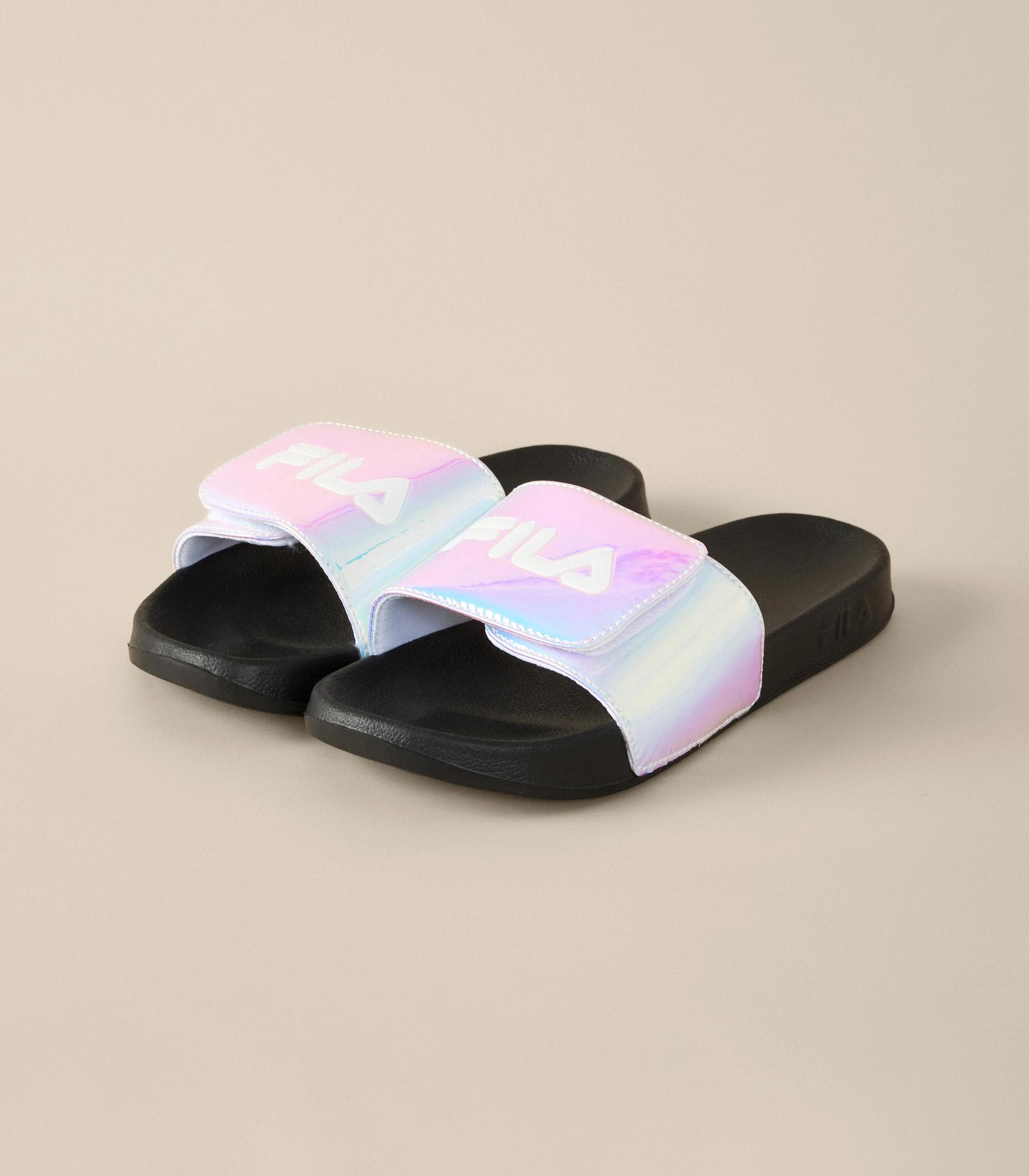 Pink and best sale black fila slides