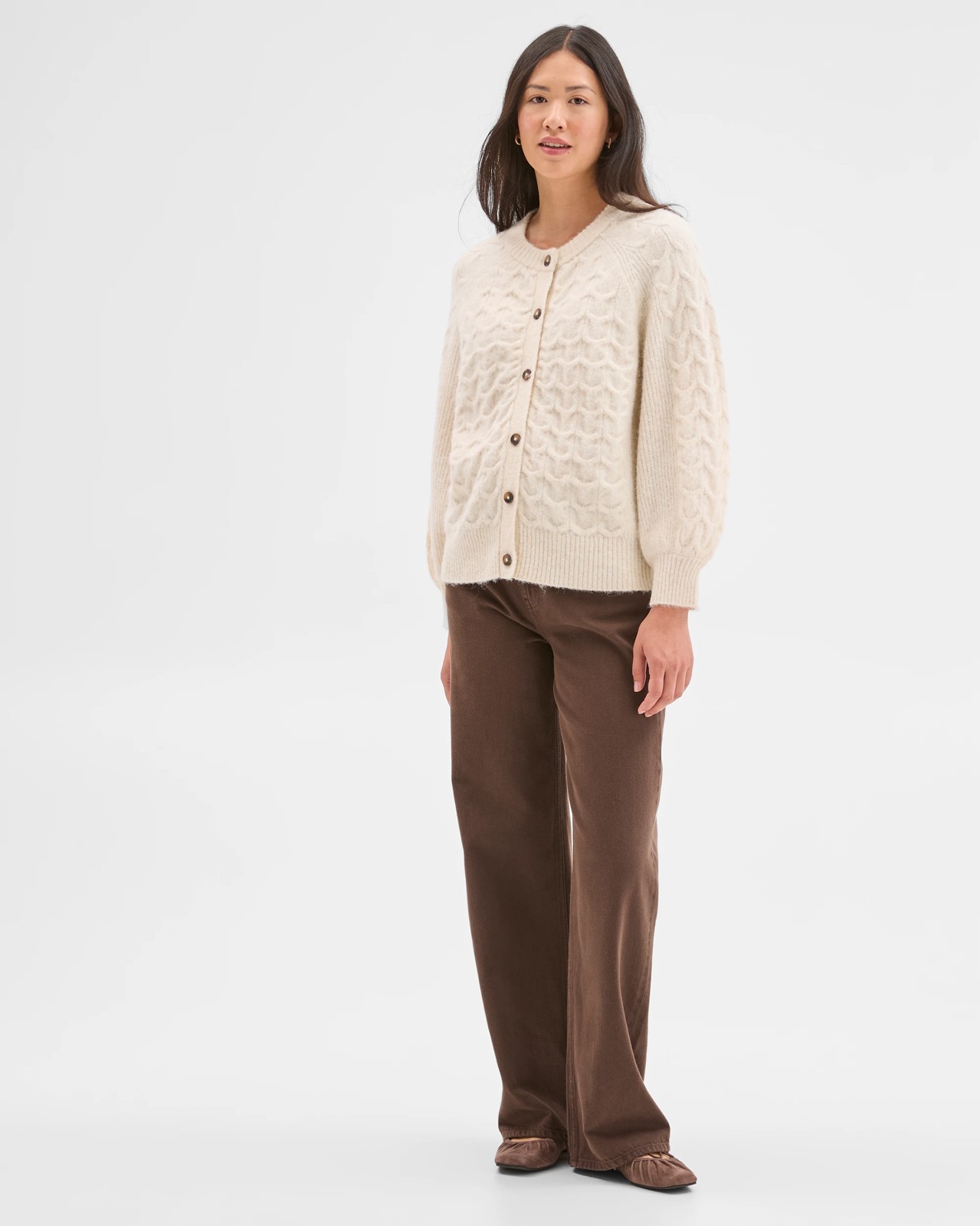 Cable Knit Bell Sleeve Cardigan - Cookies and Cream 4 of 5