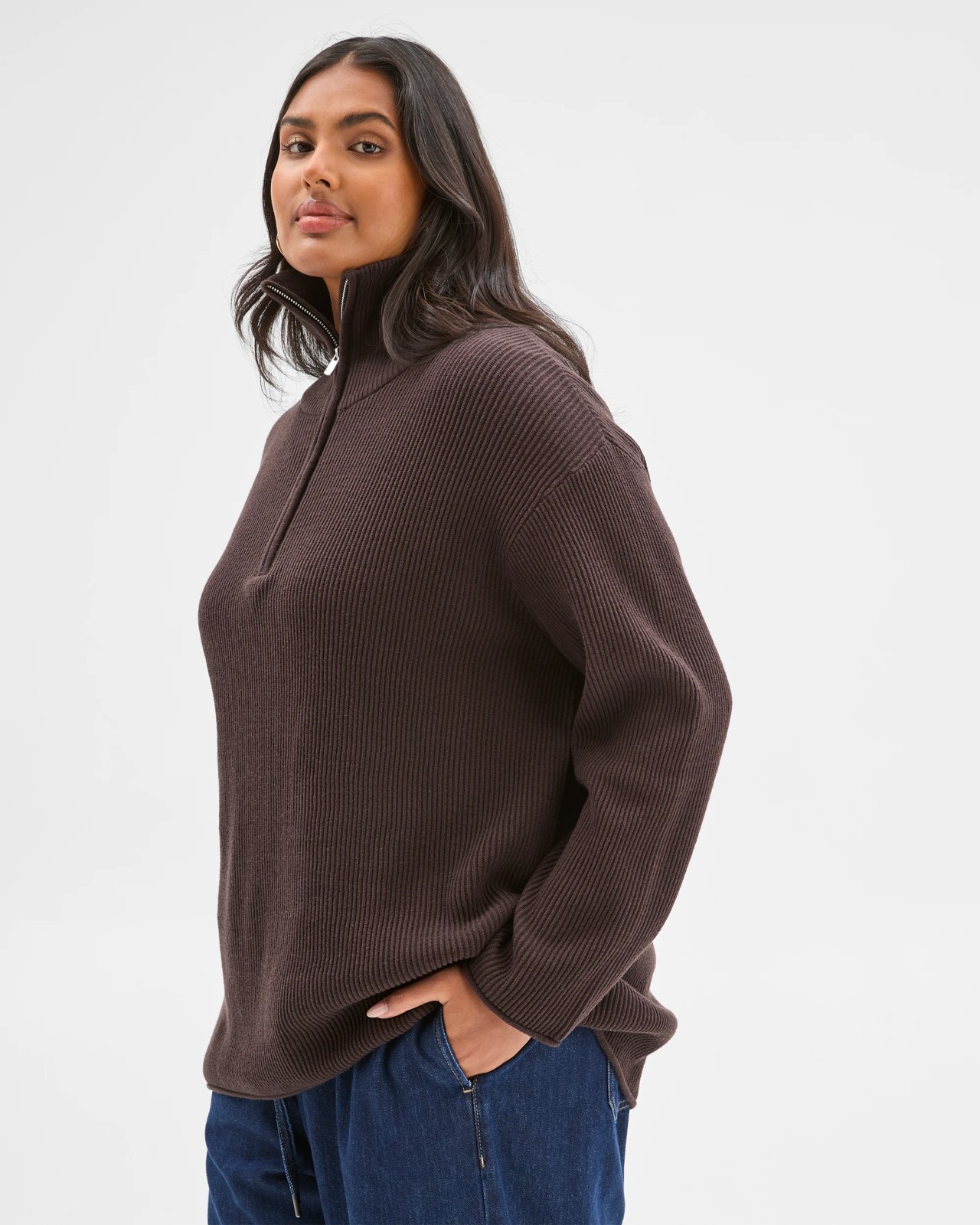 Plus Size Australian Cotton Blend 1/4 Zip Jumper - Brunette 2 of 6