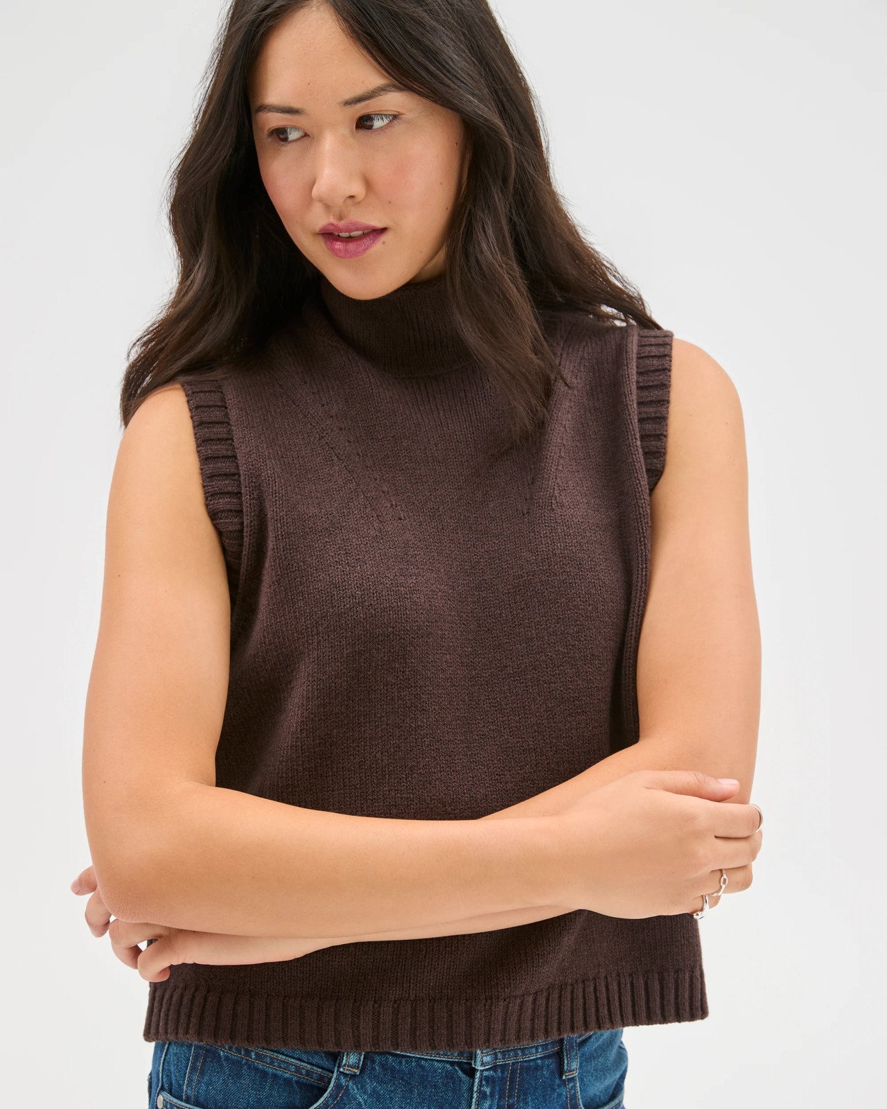 Australian Cotton Blend High Neck Long Sleeveless Vest - Brunette 5 of 6