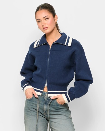 Stripe Detail Zip Through Cardigan - Lily Loves