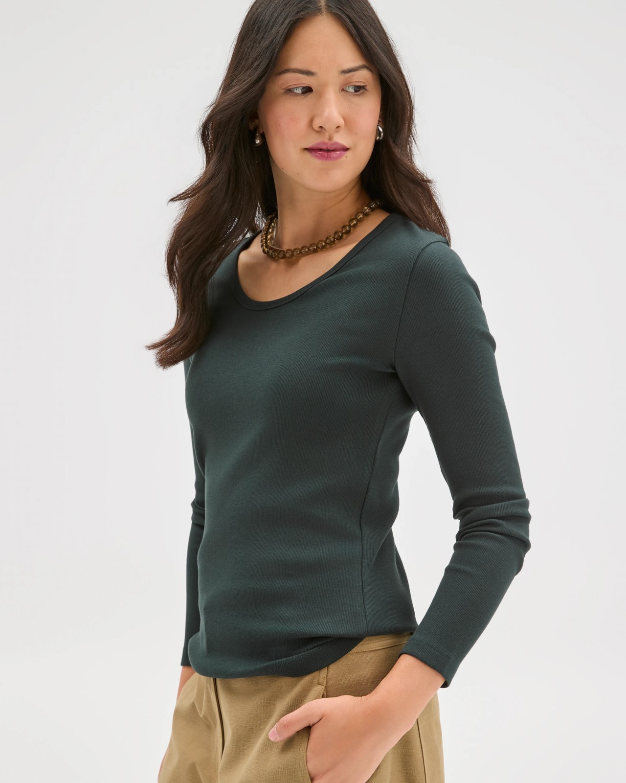 Australian Cotton Long Sleeve Scoop Neck Rib T-Shirt - Midnight Jade 4 of 5