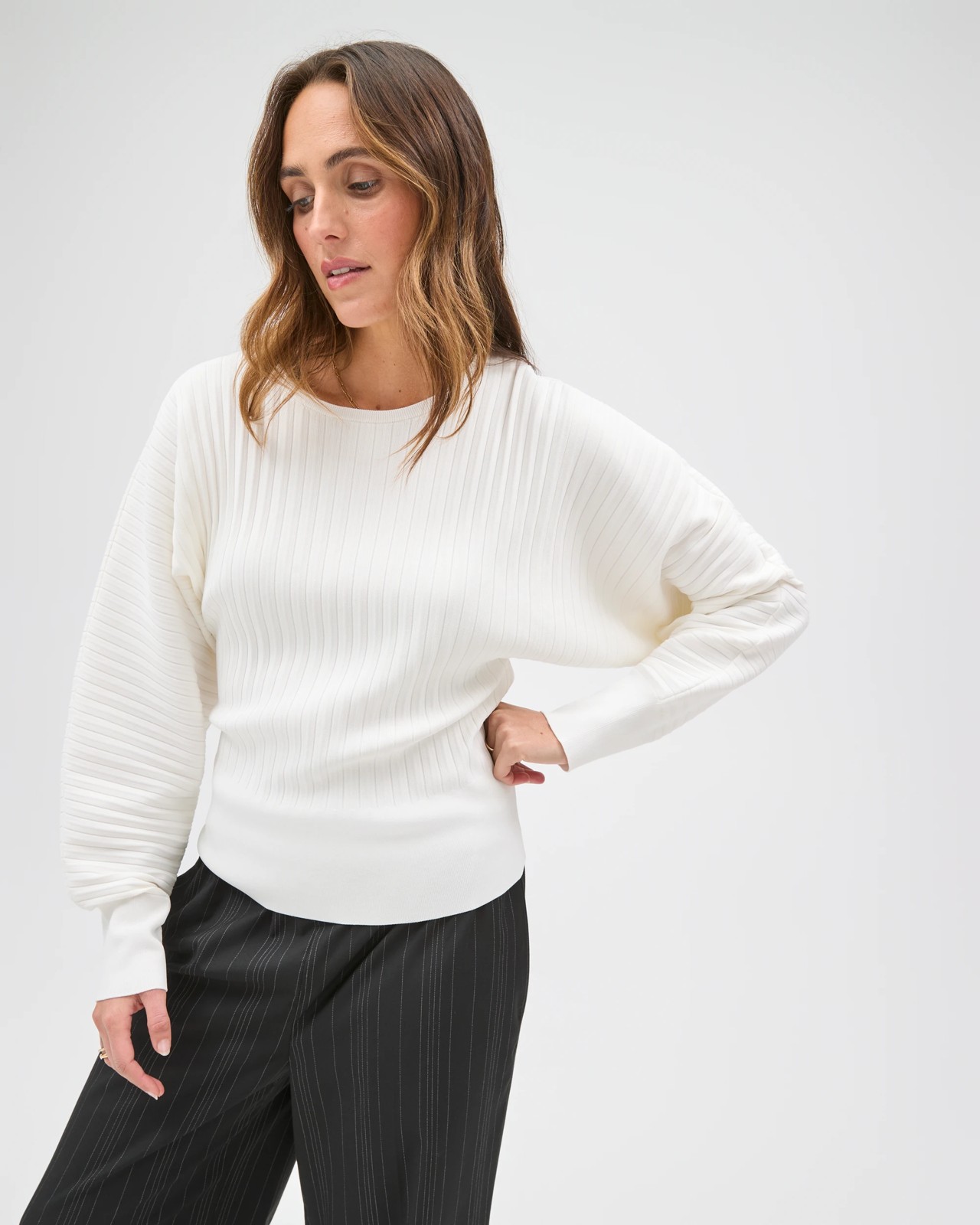 Preview Long Dolman Sleeve Crepe Knit Jumper - Cloud Dancer 5 of 6