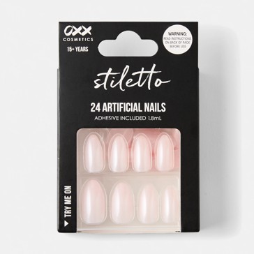 24 Pack Artificial Nails with Adhesive, Stiletto Shape, Light Pink Glaze - OXX Cosmetics