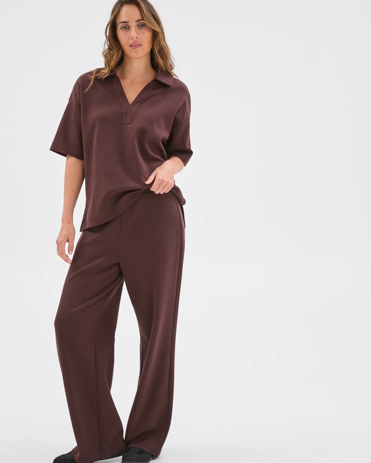 Australian Cotton Blend Wide Leg Interlock Pants - Chocolate Plum 3 of 5
