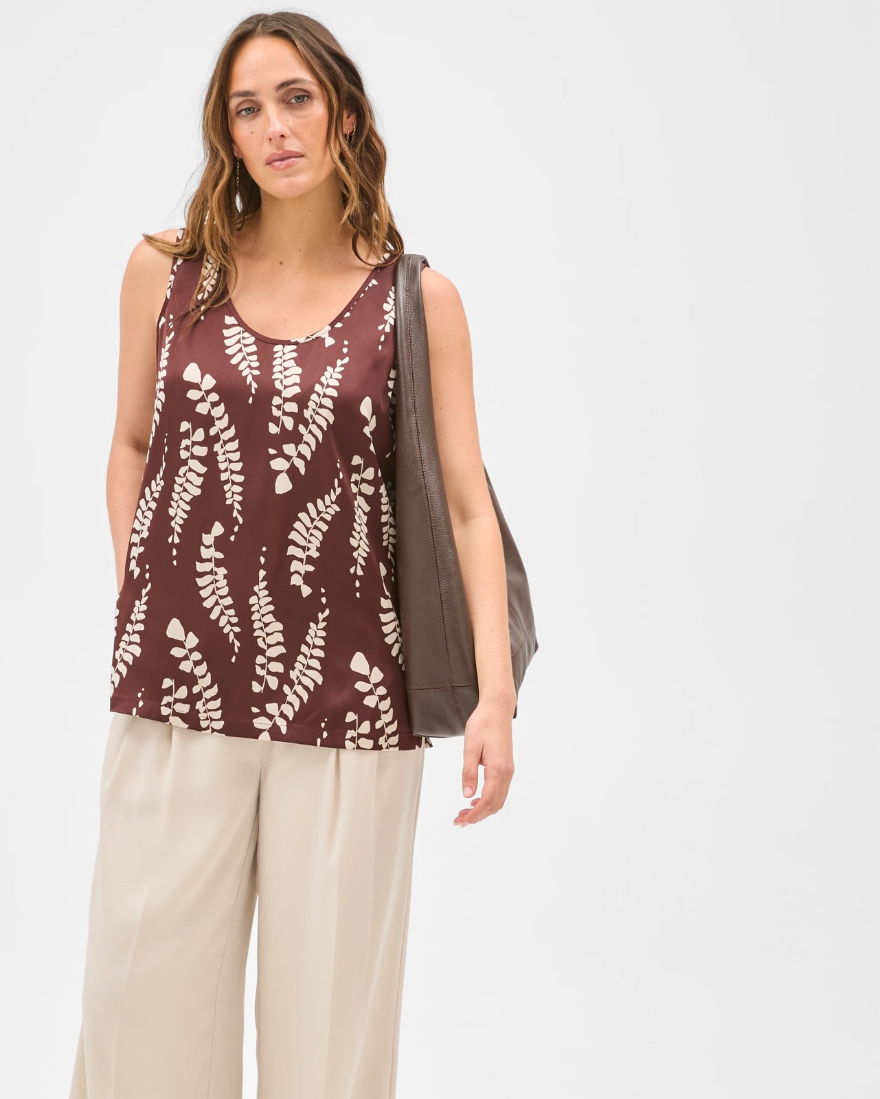 Preview Penny Sleeveless Scoop Neck Satin Top - Brown Organic Leaf 2 of 5