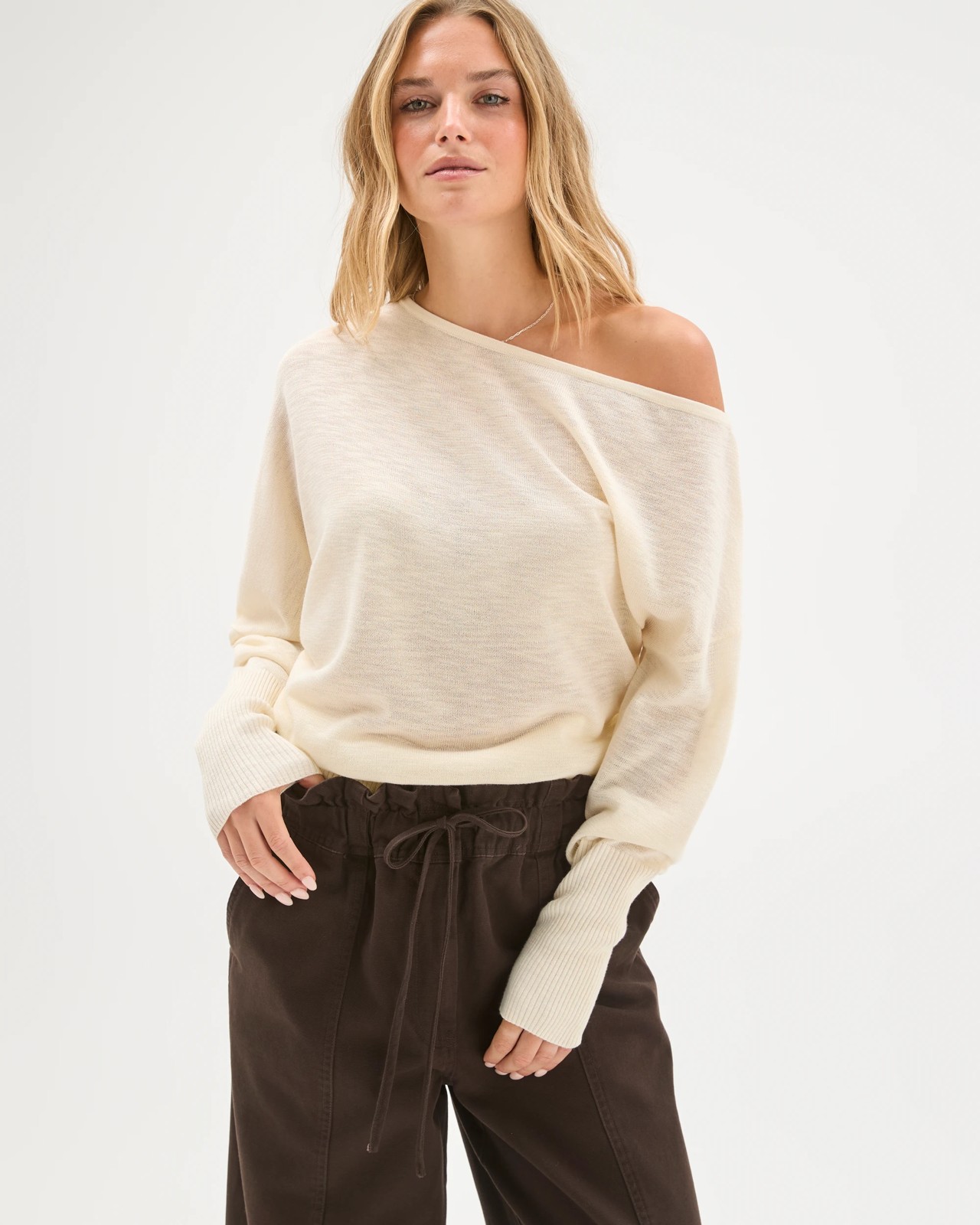 Lily Loves Slub Off Shoulder Knit Top - Pale Oat 6 of 6