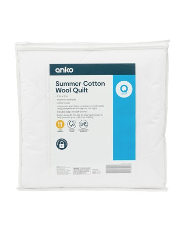 Anko Low Warmth Summer Cotton Wool Quilt, Queen Bed - White