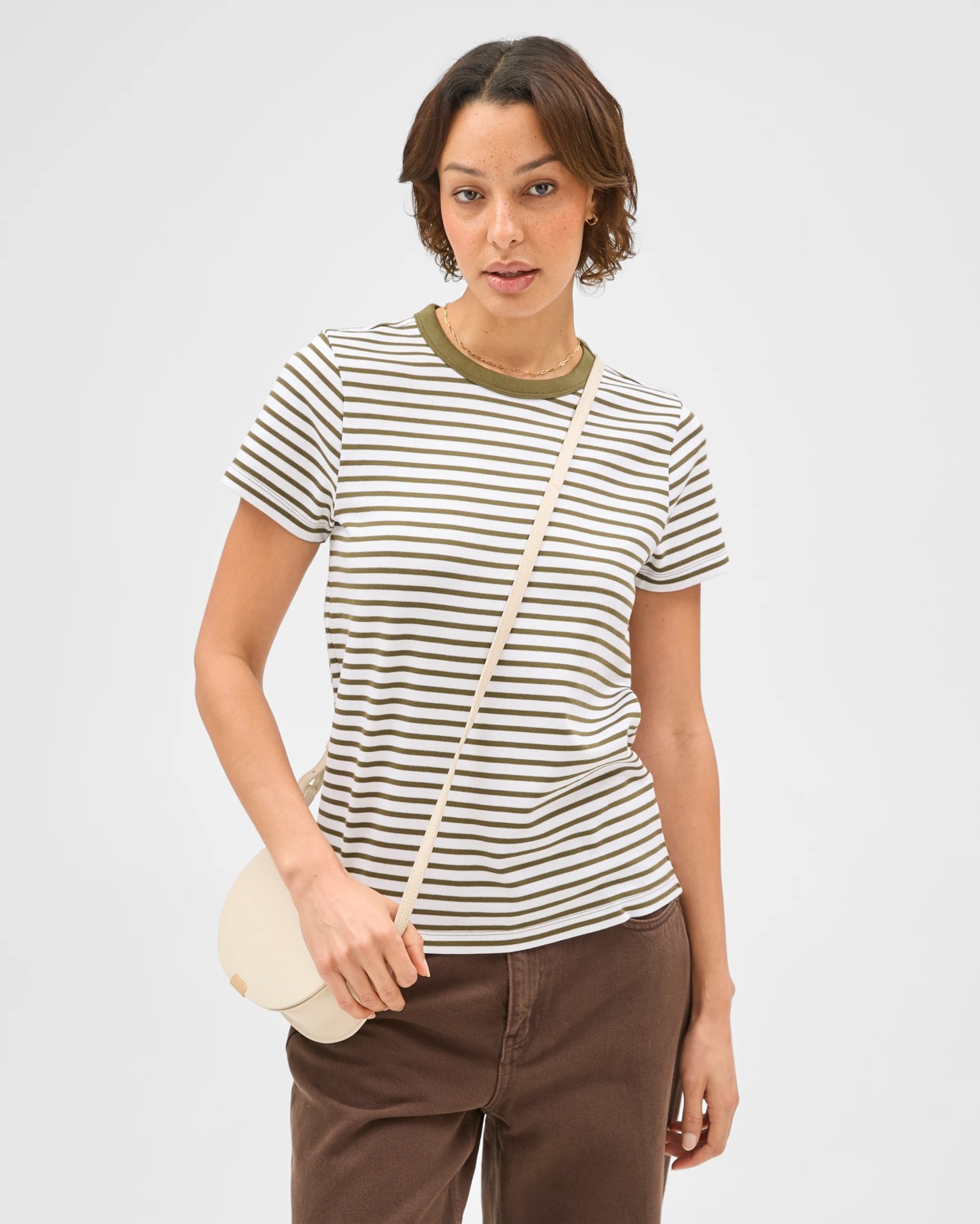 Australian Cotton Interlock Neat T-Shirt - White Deep Moss Stripe 3 of 5