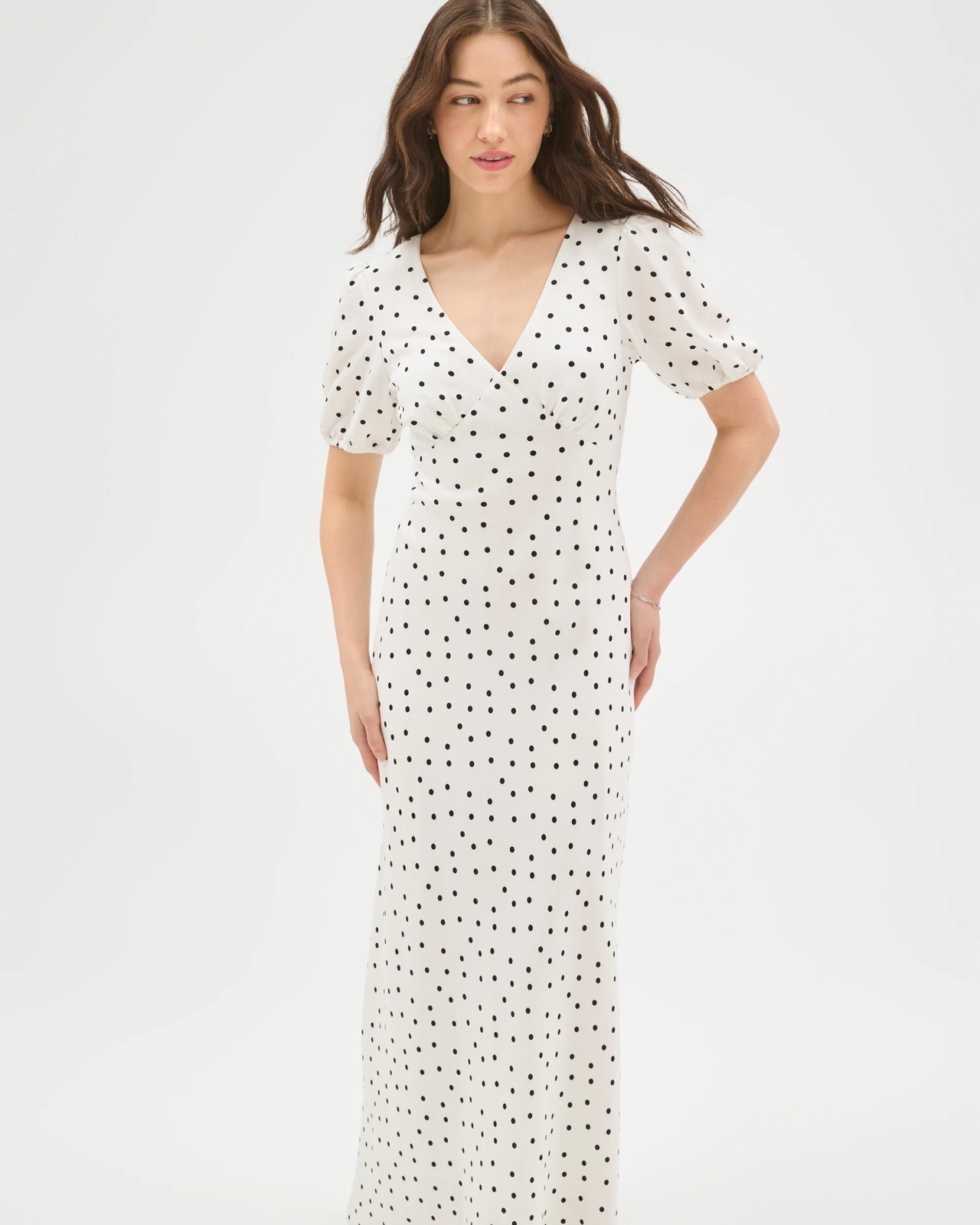 Lily Loves European Linen Blend Puff Sleeve Midi Dress - Pale Oat Spot 4 of 5
