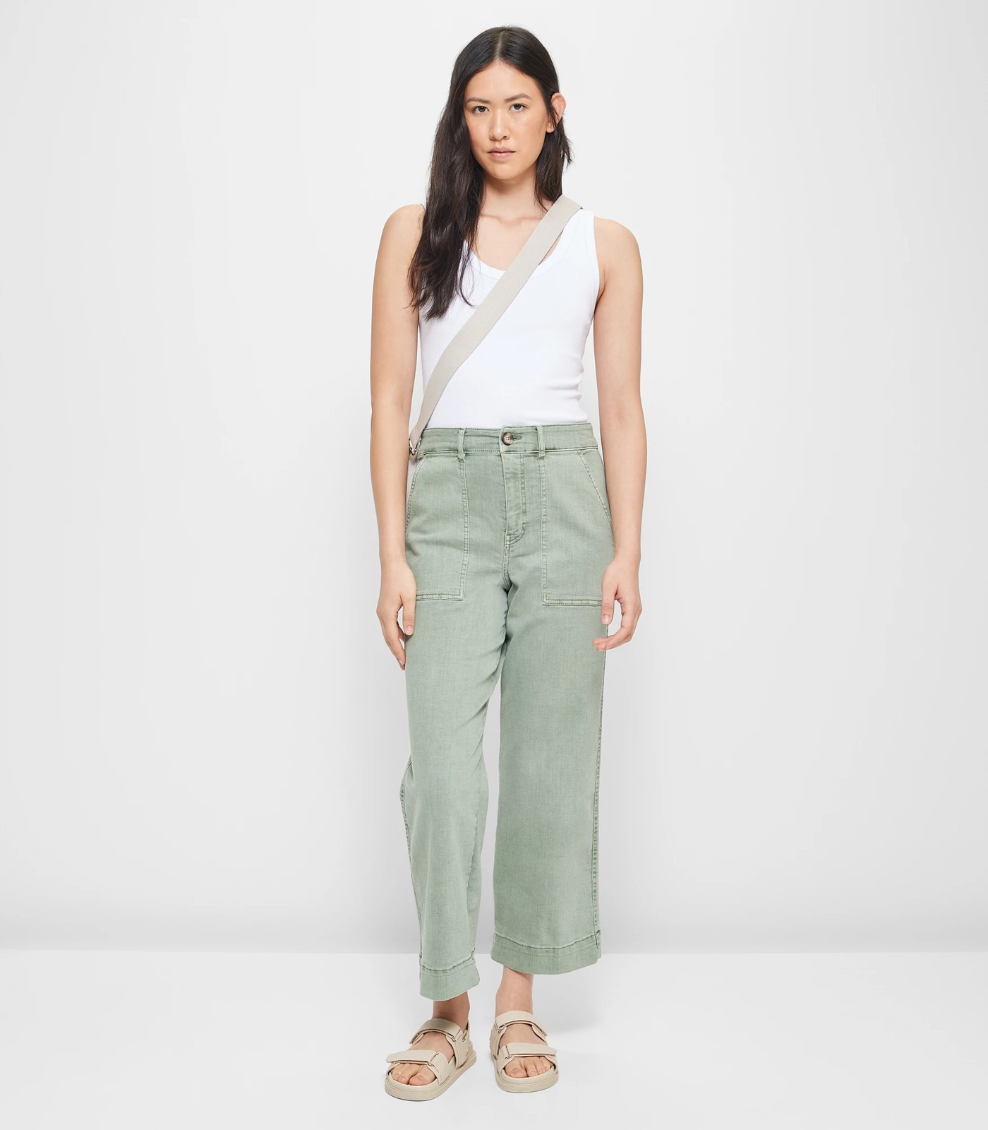 Stretch Wide Leg Twill Pants - Sage Green