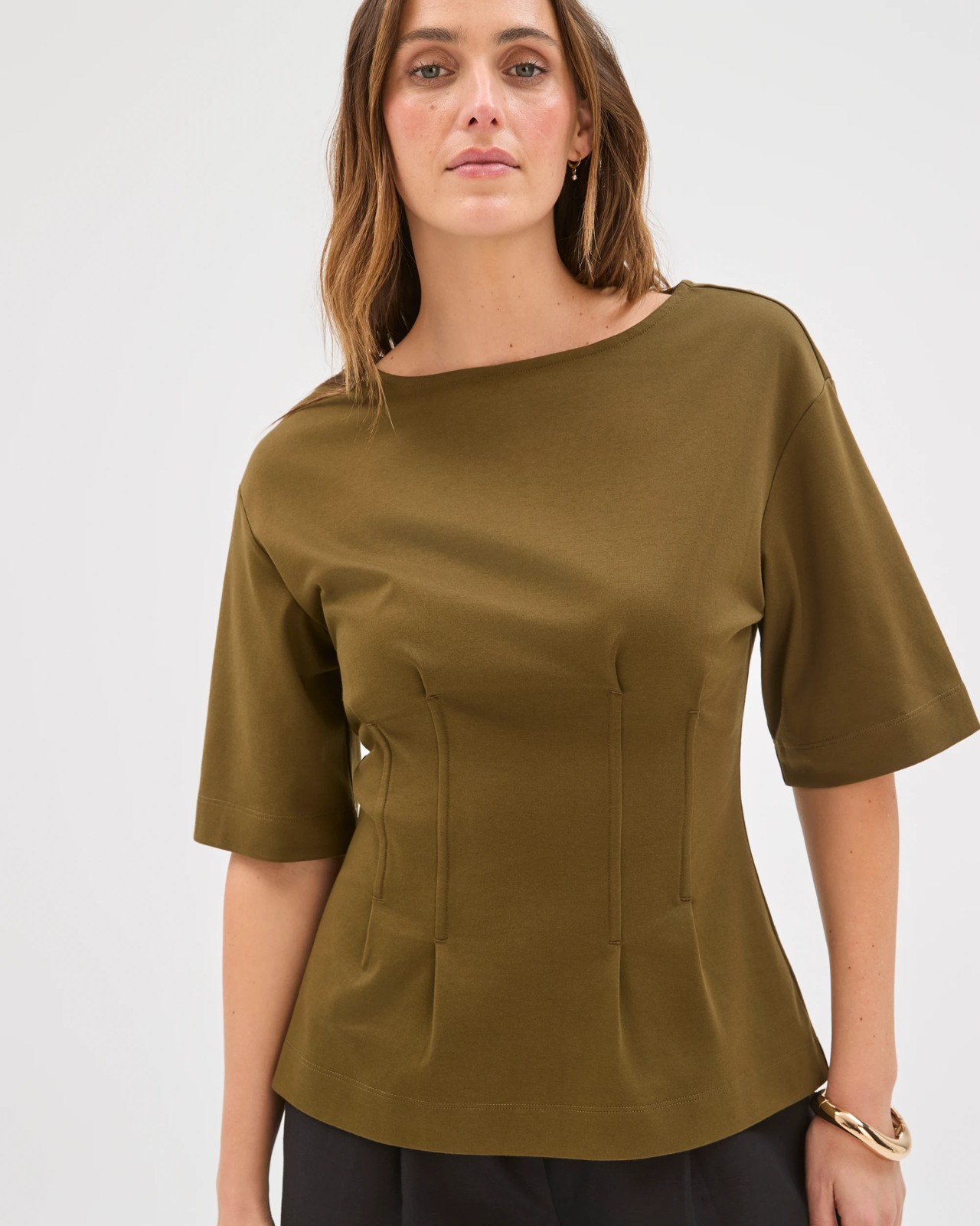 Preview Australian Cotton Waist Detail T-Shirt - Khaki Olive 4 of 5