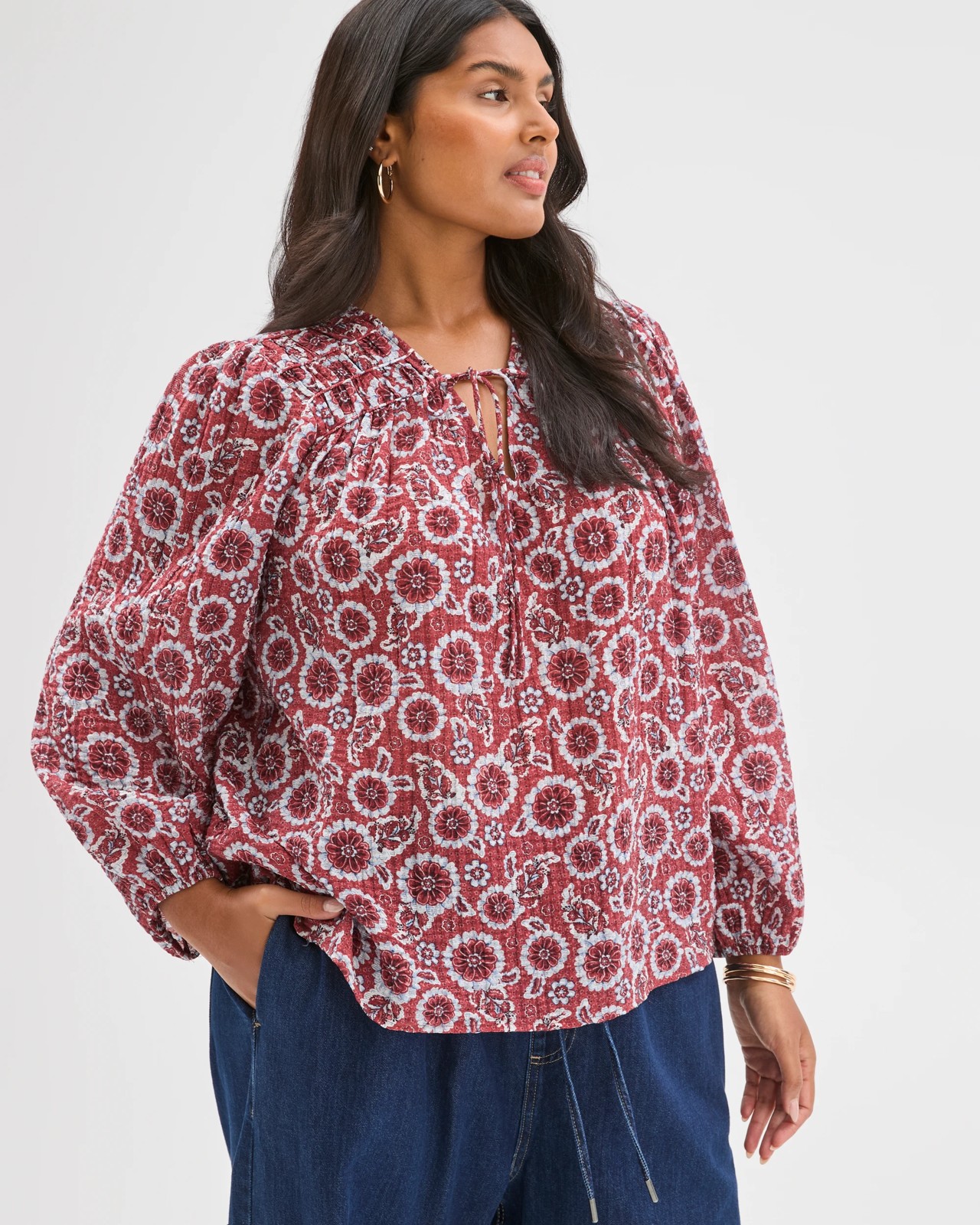 Plus Size Long Sleeve Printed Gather Detail Blouse 4 of 6