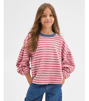Australian Cotton Long Balloon Sleeve Striped T-Shirt