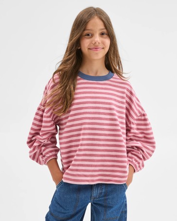 Australian Cotton Long Balloon Sleeve Striped T-Shirt