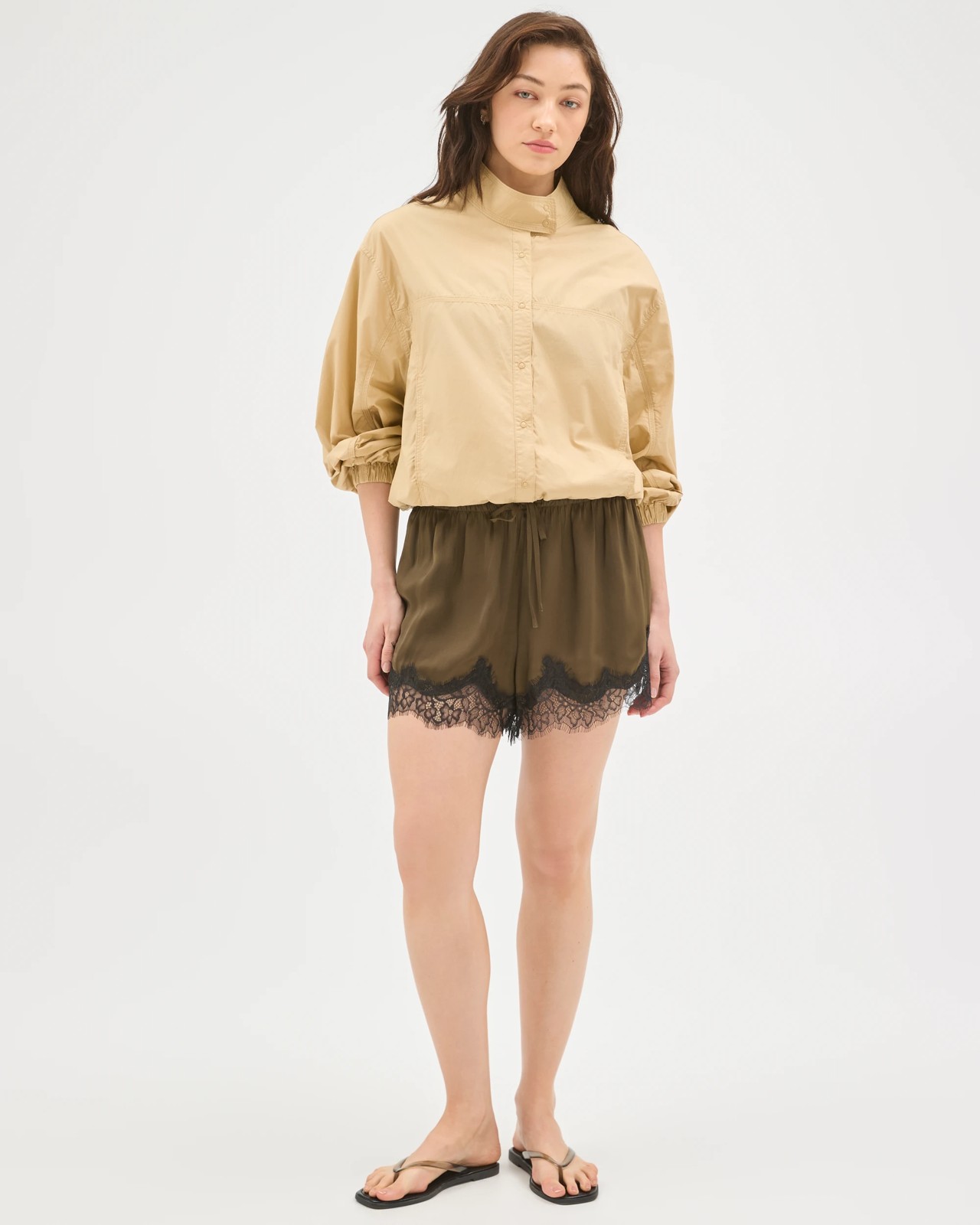 Lily Loves Lace Trim Satin Shorts - Deep Olive 2 of 6