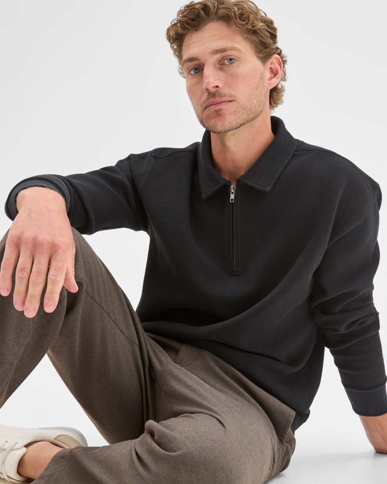 Australian Cotton Blend Fleece 1/4 Zip Collared Top - Black 3 of 5
