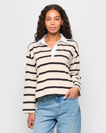 Australian Cotton Long Sleeve Stripe Polo Top
