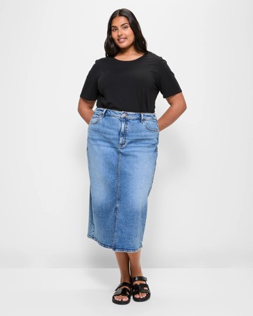 Plus Size Split Front Denim Midi Skirt